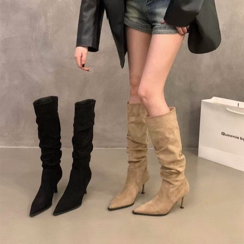 【Sẵn Giao Luôn】Boot Cổ Cao Nữ Da Lộn ,Gót Nhọn Cao,Giày Boot Nữ Mũi Nhọn Cổ Cao Xịn Phong Cách Cá Tí