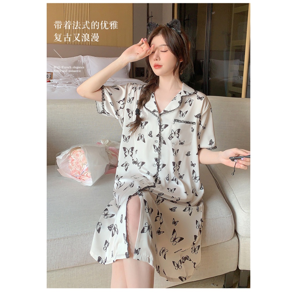 Đầm Ngủ Lụa LICERIA Kiểu Dáng Sơ Mi In Hoạ Tiết Nhẹ Mát Phong Cách Cá Tính | BigBuy360 - bigbuy360.vn