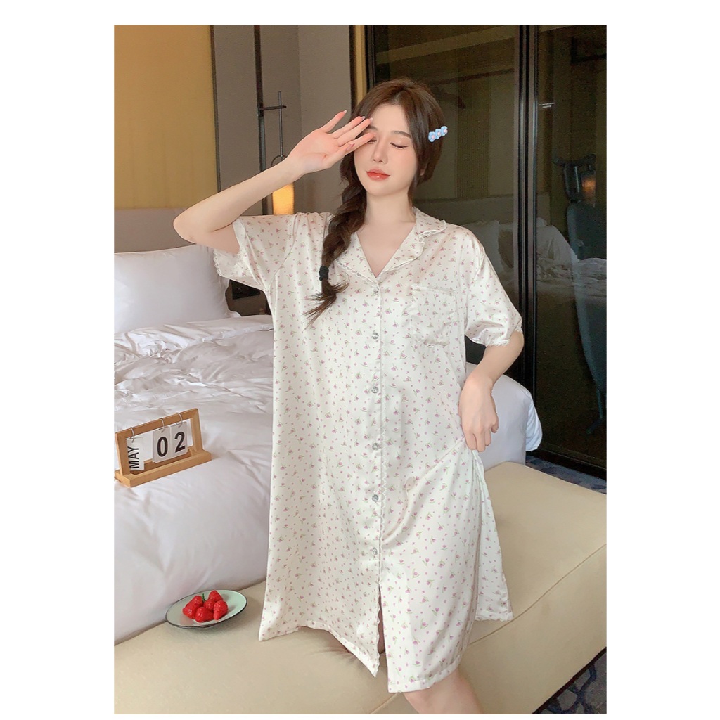 Đầm Ngủ Lụa LICERIA Kiểu Dáng Sơ Mi In Hoạ Tiết Nhẹ Mát Phong Cách Cá Tính | BigBuy360 - bigbuy360.vn