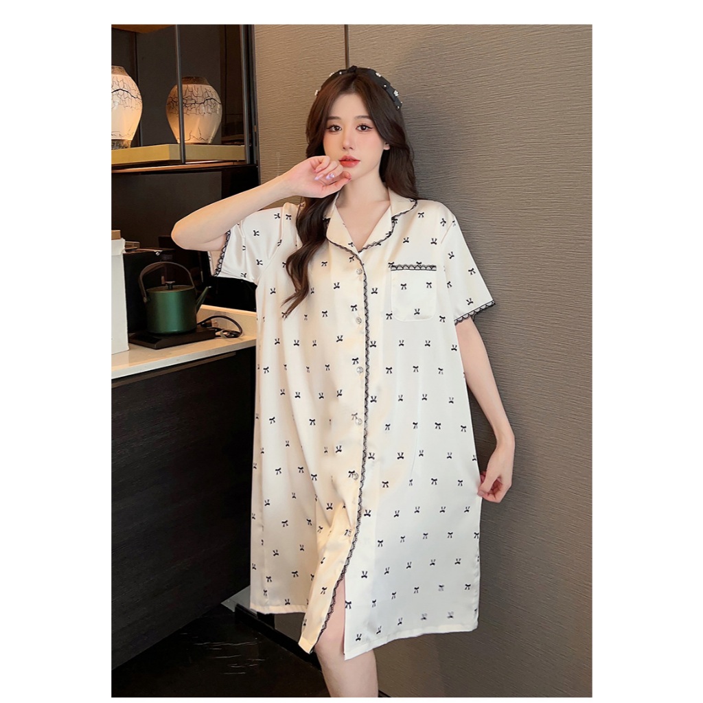 Đầm Ngủ Lụa LICERIA Kiểu Dáng Sơ Mi In Hoạ Tiết Nhẹ Mát Phong Cách Cá Tính | BigBuy360 - bigbuy360.vn