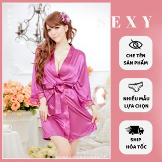  Áo choàng ngủ lụa satin phong cách kimono sexy Đồ ngủ nữ gợi cảm tặng kèm quần chip quyển rũ 