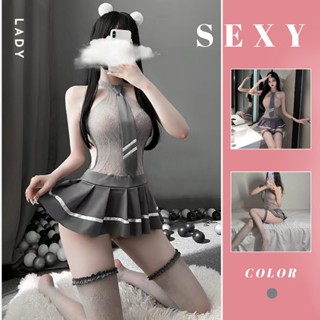 Váy ngủ cosplay xám kèm cavat, Đồ cosplay học sinh váy xòe đáng yêu full phụ kiện cực xinh