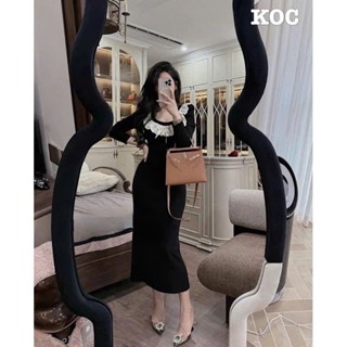  váy len lông thỏ dáng body dài tay  váy len body dáng dài phối viền cổ ren  A152  