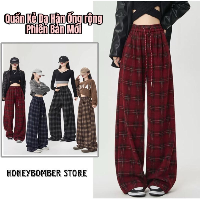 Quần Dạ Kẻ Caro Ống Rộng Dây Rút [FREESHIP]🌸Quần Suông Form Rộng Phong Cách Ulzzang🌸