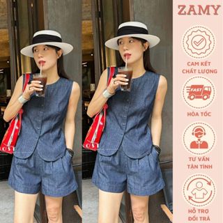 Set đồ nữ, sét denim áo kiểu sát nách kèm quần sooc chất Denim cao cấp co giãn tốt Zamy thiết kế đi chơi