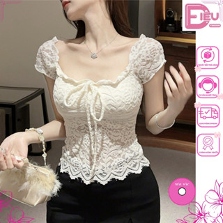 Áo ren nữ trễ vai tay lỡ ôm body siêu sexy Điệu Fashion, Áo kiểu nữ chất ren hoạ tiết cổ vuông thắt nơ tiểu thư - A119