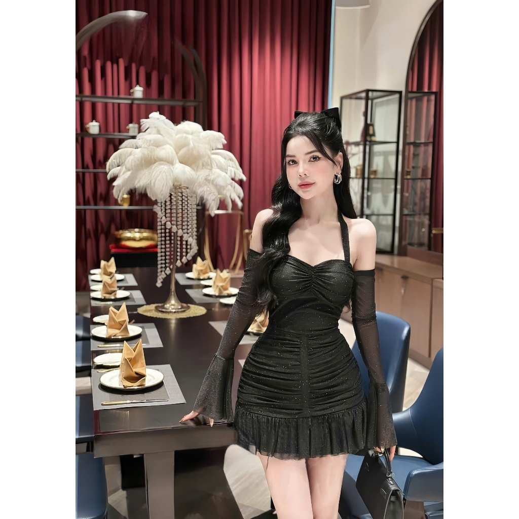 BIGSIZE HIẾU HIẾU (55-95KG) - Váy body nữ thiết kế cổ yếm tay dài kim tuyến lấp lánh dự tiệc