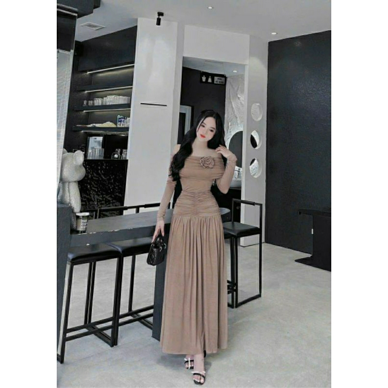 váy nữ bệt vai dáng dài, Đầm maxi thun đính bông ngực nhún eo 3 màu phong cách thanh lịch cho nàng dự tiệc,đi chơi G095
