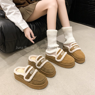 Dép lông nữ bít mũi da lộn kiểu mới 2024 - Giày sục lông cừu thêu chữ giữ ấm chân mùa đông