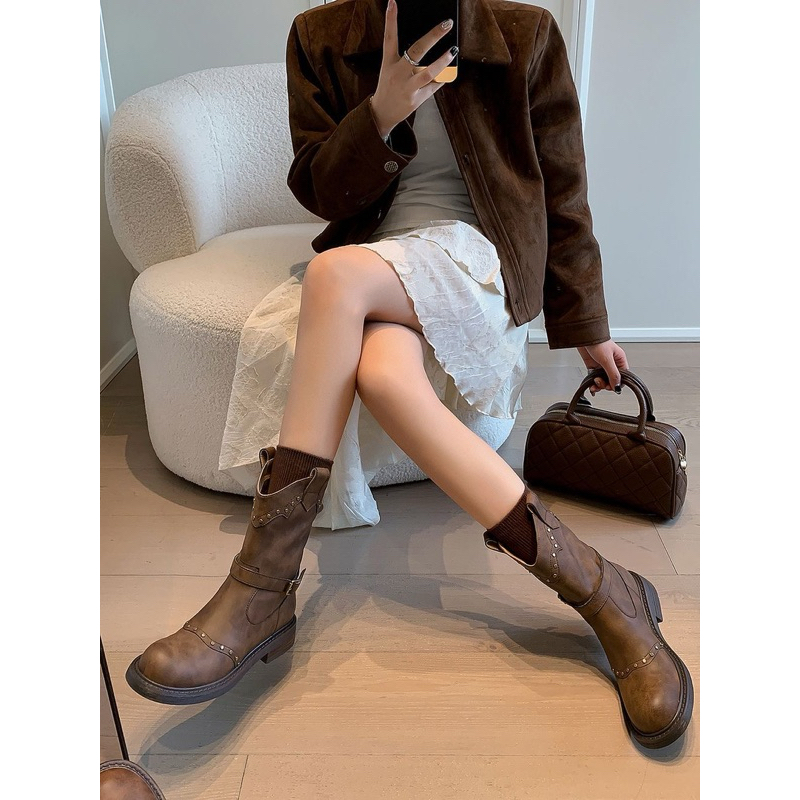 Giày boot nữ cao cổ da lộn cổ V style Hàn Quốc Bốt nữ cao cổ đế bằng da lộn