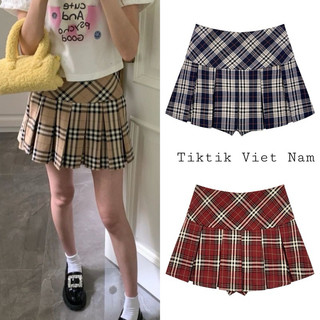 (sẵn) Chân váy xếp ly kẻ caro  cạp thấp dáng ngắn màu đỏ be xanh có quần bảo hộ CVCR001 - Tiktik