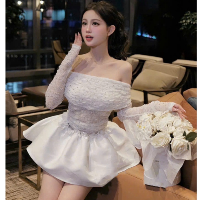 váy nữ sang chảnh,đầm trễ vai,váy ren gơn phố sành điệu cá tính hot trend quảng châu cao cấp K24