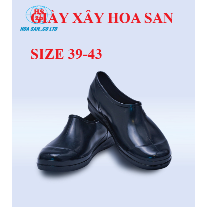 Ủng cao su lao động cổ ngắn Hoa San size 38-44, giày xây màu đen, giày cao su