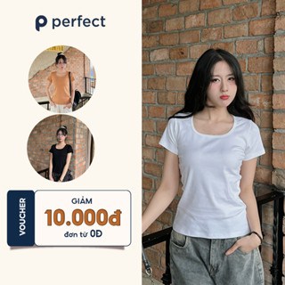  Áo thun nữ cổ vuông PERFECT cộc tay form đẹp thun trơn co giãn tốt màu đen trắng thời trang basic 