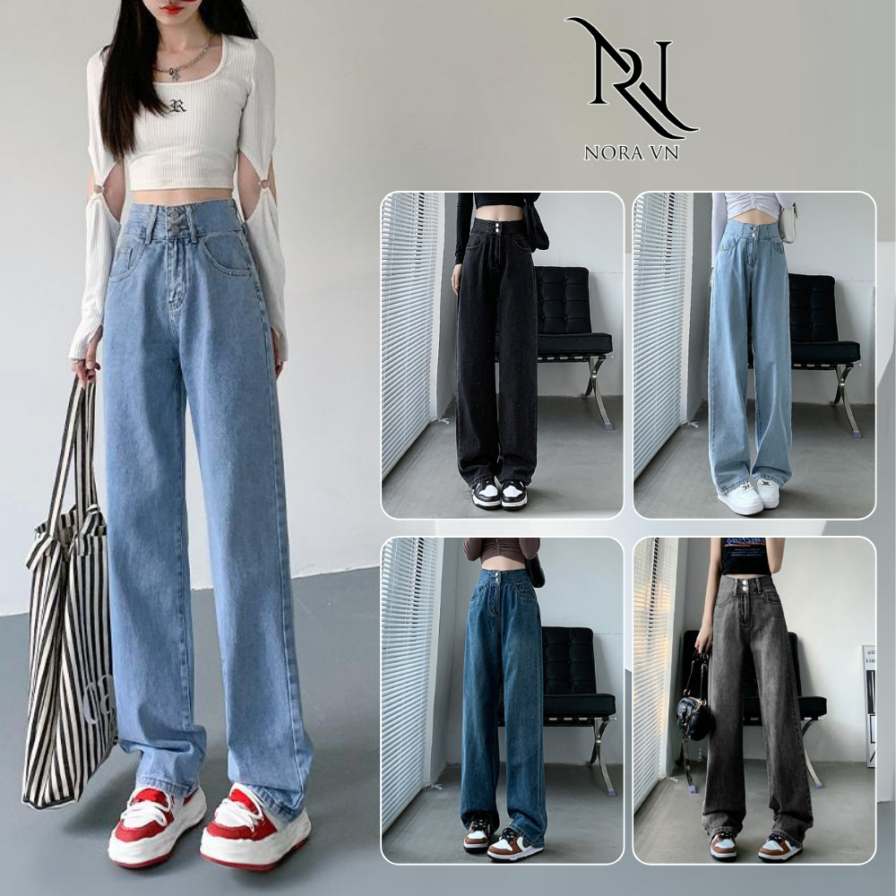 Quần Jean nữ ống suông dáng dài cạp cao 2 cúc Avocado , quần bò nữ ống rộng dáng suông