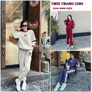 Set Đồ Nữ Thể Thao MiuMiu, Bộ Nỉ Thu Đông Quần Áo Dài Tay Phối Viền Kẻ Trẻ Trung Năng Động - 1989