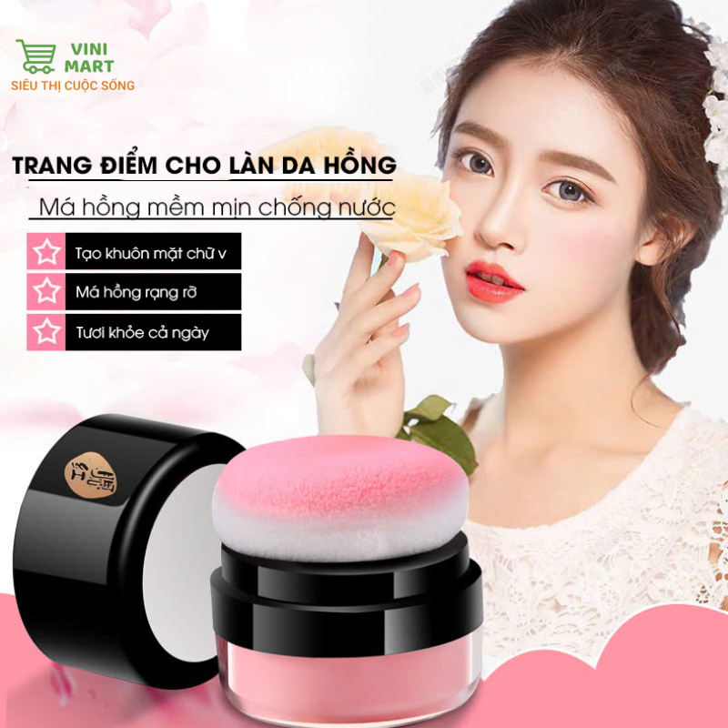 Phấn má hồng mềm mịn chống nước lâu trôi kèm bông mút, phấn má hồng màu lì tự nhiên nhỏ gọn tiện lợi