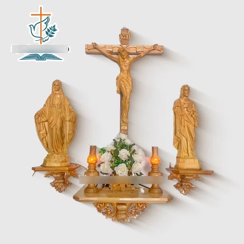 bộ bàn thờ chúa treo tường | bộ tượng công giáo ( chúa chịu nạn + đức mẹ ban ơn + giuse thợ) + đèn t
