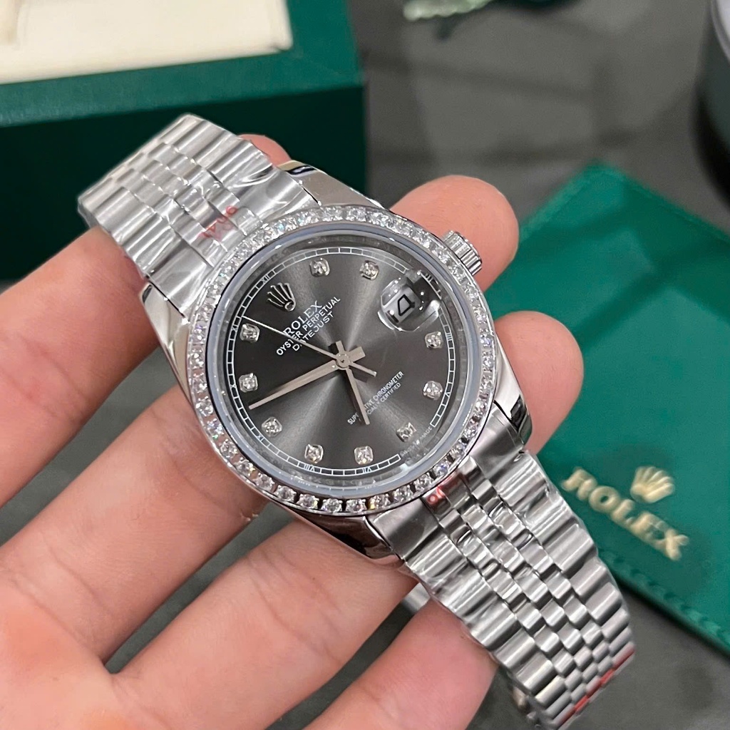 [Fullbox] Đồng hồ Nam Rollex mẫu mặt đen xám viền trắng đính đá máy cơ Automatic size 38/41mm