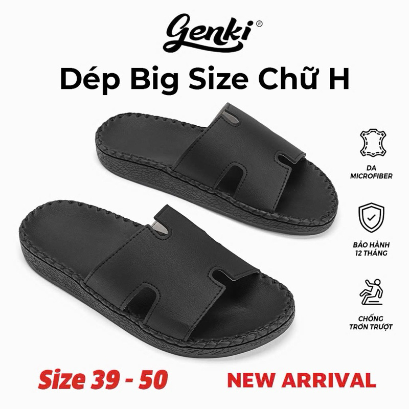 Dép Nam Chữ H Big Size Khâu Đế GENKI Màu Đen Đế Cao Su Chống Trơn Trượt