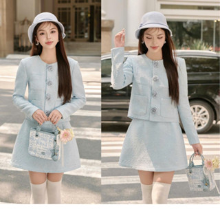  Sét Áo Dạ Dài Tay Màu Xanh Đính Hoa Trà + Chân Váy Chữ A KANGSOOSTORE Sét Chất Liệu Dạ Tweed Đẹp Sang Trọng SDKS _ 007 