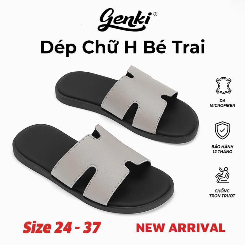 Dép Lê Chữ H Genki Bé Trai Quai Da Đế Cao Su Chống Trơn Trượt Màu Xám