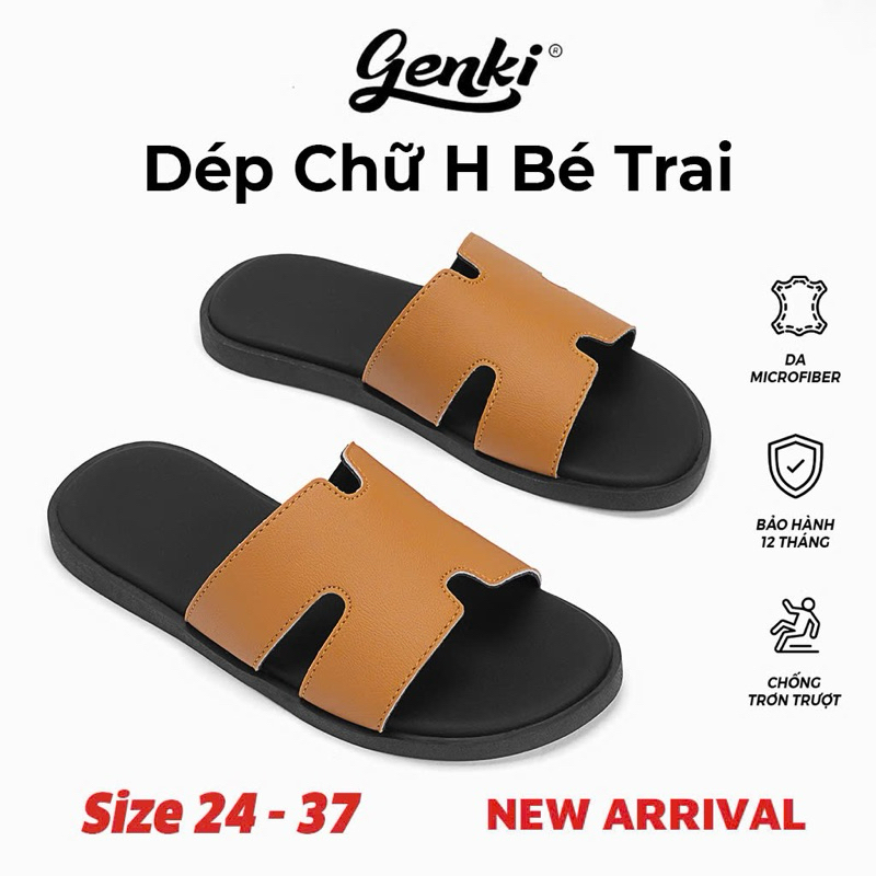 Dép Lê Chữ H Genki Bé Trai Quai Da Đế Cao Su Chống Trơn Trượt Màu Vàng Bò