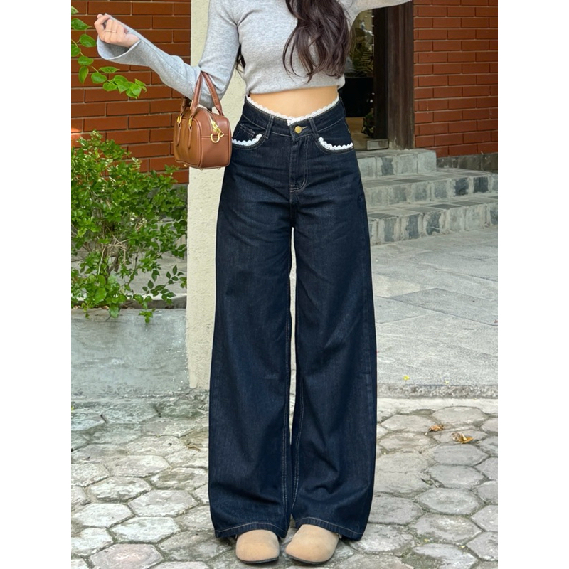Quần Jeans Nữ Ống Rộng Lưng Cao Phối REN màu Xanh Than Hách Dáng Quần Bò Nữ Ống Rộng Basic Jeans Mềm Thoải mái | BigBuy360 - bigbuy360.vn