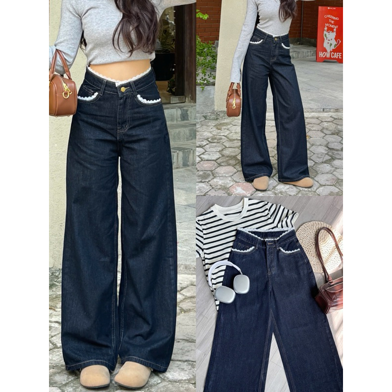 Quần Jeans Nữ Ống Rộng Lưng Cao Phối REN màu Xanh Than Hách Dáng Quần Bò Nữ Ống Rộng Basic Jeans Mềm Thoải mái | BigBuy360 - bigbuy360.vn