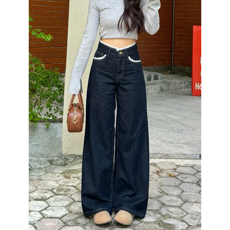 Quần Jeans Nữ Ống Rộng Lưng Cao Phối REN màu Xanh Than Hách Dáng Quần Bò Nữ Ống Rộng Basic Jeans Mềm Thoải mái | BigBuy360 - bigbuy360.vn