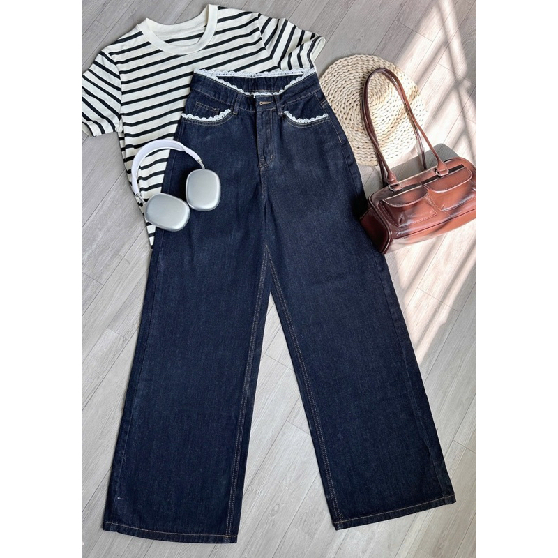 Quần Jeans Nữ Ống Rộng Lưng Cao Phối REN màu Xanh Than Hách Dáng Quần Bò Nữ Ống Rộng Basic Jeans Mềm Thoải mái | BigBuy360 - bigbuy360.vn