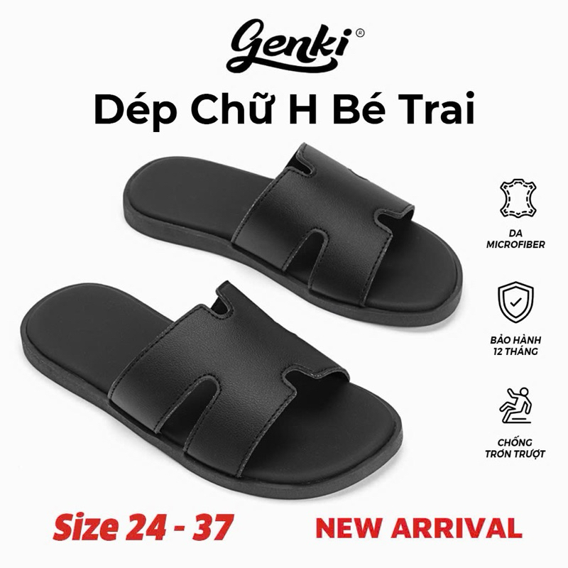 Dép Lê Chữ H Genki Bé Trai Quai Da Đế Cao Su Chống Trơn Trượt Màu Full Đen
