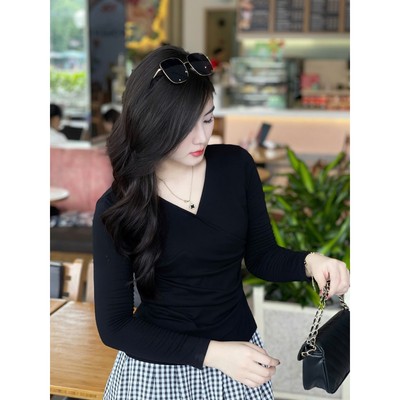 Áo thun nữ Dài tay Evalover cổ tim nhún eo  chất cotton Nhật co giãn 4 chiều Evalover