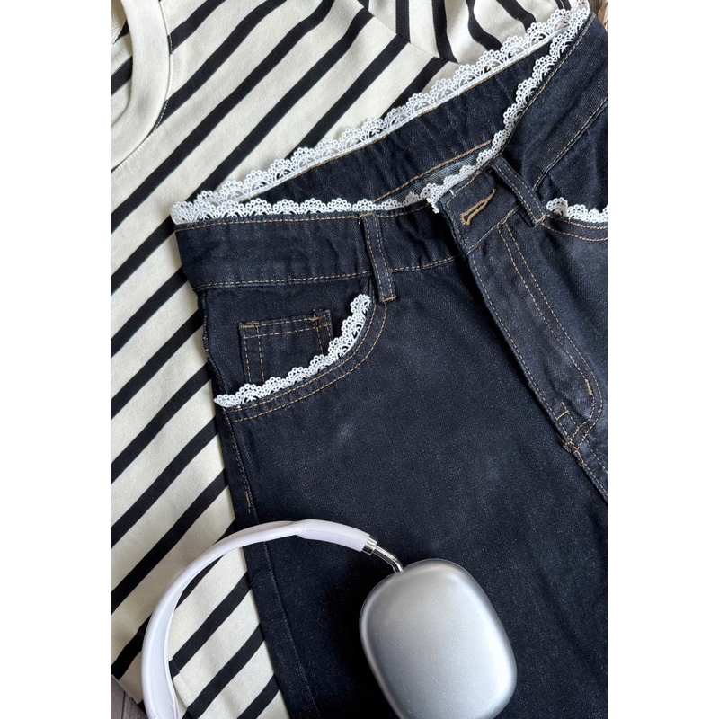 Quần Jeans Nữ Ống Rộng Lưng Cao Phối REN màu Xanh Than Hách Dáng Quần Bò Nữ Ống Rộng Basic Jeans Mềm Thoải mái | BigBuy360 - bigbuy360.vn