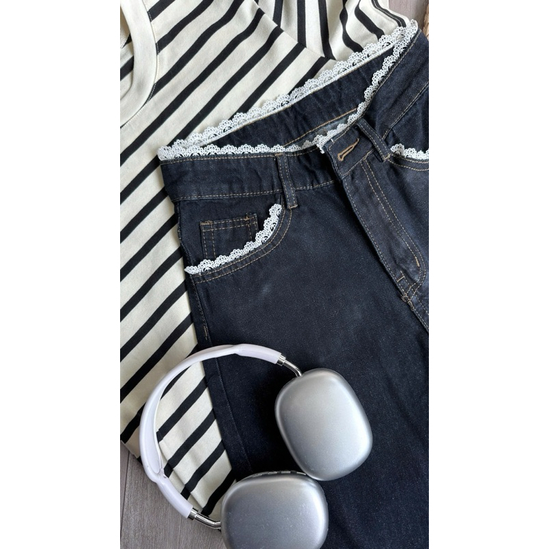 Quần Jeans Nữ Ống Rộng Lưng Cao Phối REN màu Xanh Than Hách Dáng Quần Bò Nữ Ống Rộng Basic Jeans Mềm Thoải mái | BigBuy360 - bigbuy360.vn