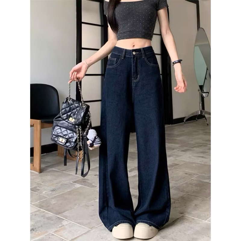 Quần Jeans Nữ Ống Rộng Lưng Cao Phối REN màu Xanh Than Hách Dáng Quần Bò Nữ Ống Rộng Basic Jeans Mềm Thoải mái | BigBuy360 - bigbuy360.vn