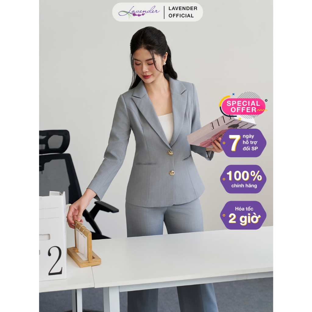 Set vets nữ công sở thiết kế LAVENDER FASHION màu ghi tay dài phối quần ống suông trendy SET4054