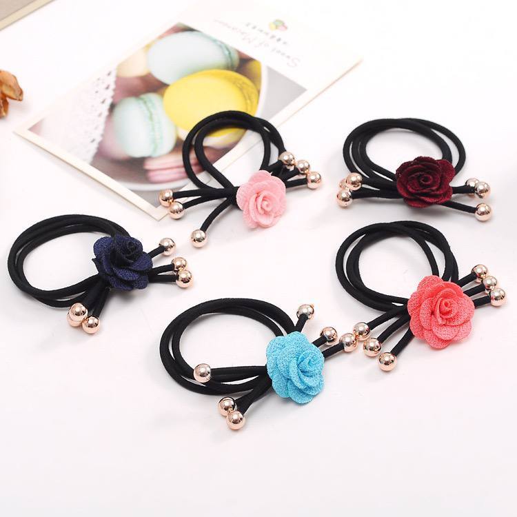 PKT962024 - Sỉ 10 buộc tóc hoa hồng bằng vải trơn nhiều màu