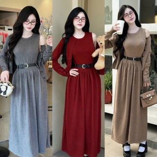  Set len áo cardigan váy sát nách kèm đai dáng dài 173 sang chảnh hàng QC freesize 