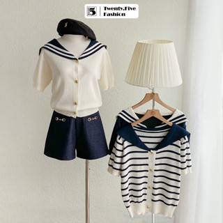 Áo len mongtoghi nữ Twentyfive dáng rộng ngắn tay, cài cúc, phối cổ thủy thủ vải đanh mịn 6260