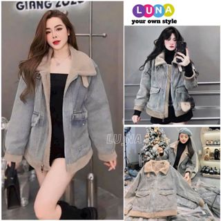 Áo Khoác Bò Lót Lông Nữ Denim 2 Lớp Chất Vải Jean Xanh Cao Cấp Cho Mùa Đông - LUNA