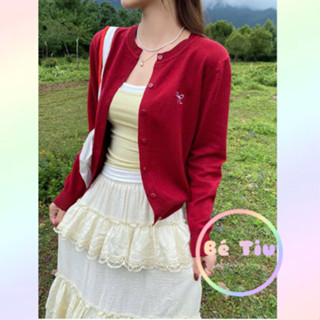 Áo Khoác Len Dệt Kim, Áo Cardigan Cổ Tròn Màu Trơn Thêu Nơ Ngực Phong Cách Vitage Dễ Phối Đồ Siêu Xinh | Bé Tiu Clothing