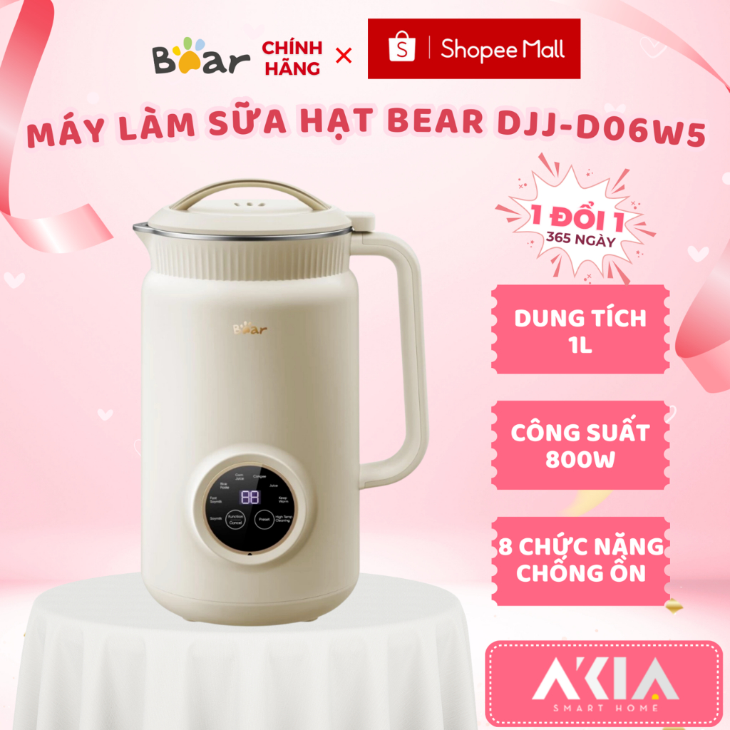 Máy làm sữa hạt Bear DJJ-D06W5 - Dung tích 1L, 8 chức năng, Chống ồn - BẢN TIẾNG VIỆT, BẢO HÀNH 18 T