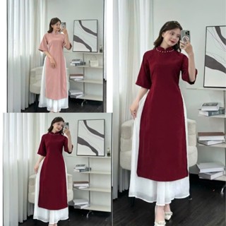 Áo dài cổ ngọc nhung tăm chân váy voan tơ đỏ hồng sang chảnh, Set áo dài cách tân dự tiệc đám cưới đáng yêu hàn quốc