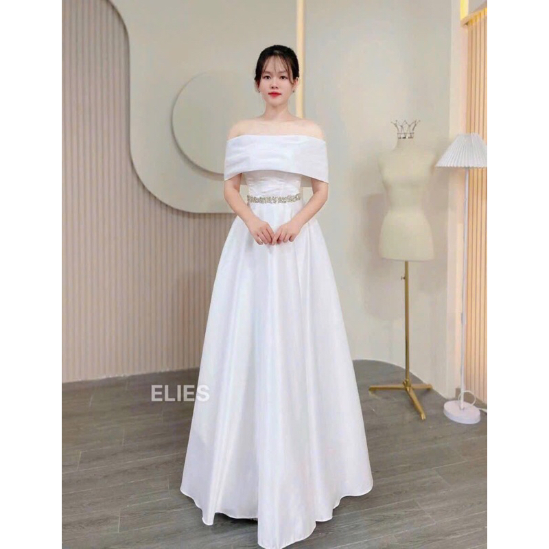 ELIES Đầm cưới đi bàn trễ vai corset siết eo đai đính đá