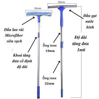  Bộ cây lau kính đa năng 3-1 lau kính gạt nước treo dồ cây inox 1m8 đầu bông vải microfiber siêu sạch 