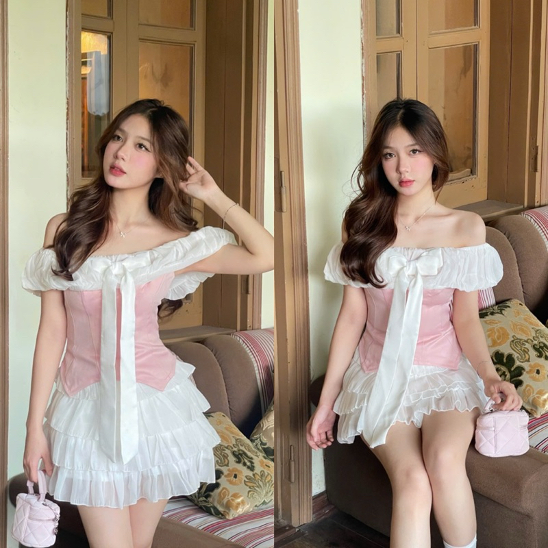 Set Áo Trễ Vai Phối Voan Nơ To Dáng Corset Ôm Dáng Mix Chân Váy Voan Tầng Đen Hồng