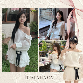 Váy lệch vai [darling dress] tay dài tùng xoè xẻ lệch viền ren sang trọng đi tiệc, cafe Tiệm Nhà Cá