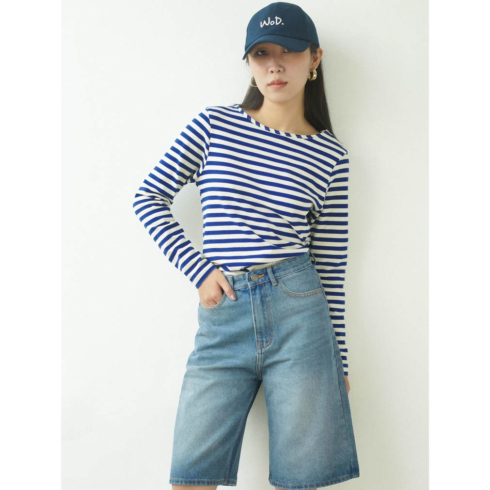 Áo Dài Tay Sọc Cổ Thuyền | Long Sleeve Boat Neck Top | White On Denim