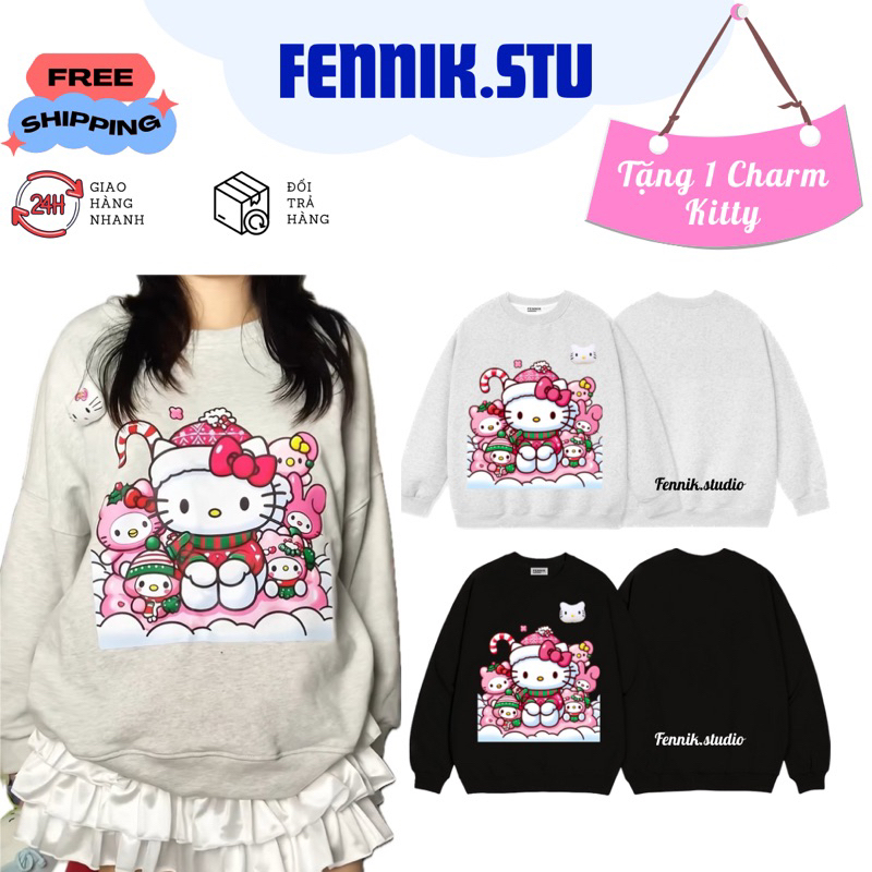 Áo sweater Hello Kitty Noel Có kèm gấu nỉ from rộng xám - đen Fennik.studio